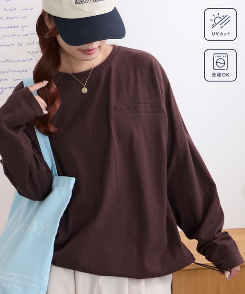 MONO-MART（モノマート）の「なめらかシルケット｜裾ドロスト フェイクポケットデザイン ルーズロンT ＜UVカット＞（Tシャツ/カットソー・レディース・ブラウン/グレイッシュブルー/イエロー系/オフホワイト/ダークグレー/グレイッシュベージュ/ブラック・M/L）」の16枚目の写真
