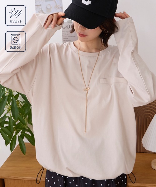 MONO-MART（モノマート）の「なめらかシルケット｜裾ドロスト フェイクポケットデザイン ルーズロンT ＜UVカット＞（Tシャツ/カットソー・レディース・ブラウン/グレイッシュブルー/イエロー系/オフホワイト/ダークグレー/グレイッシュベージュ/ブラック・M/L）」の8枚目の写真