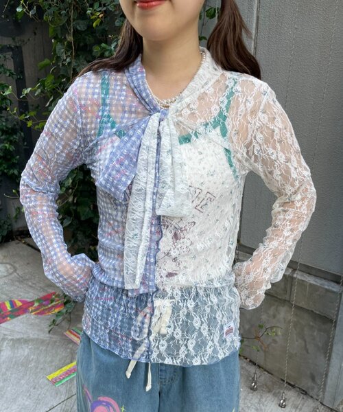 HELLO.SANFRANCISCO(ハローサンフランシスコ)の「【HELLO.SANFRANCISCO】レース切替ボウタイTEE(Tシャツ/カットソー・レディース・ブルー/ピンク・ONE SIZE)」の16枚目の写真
