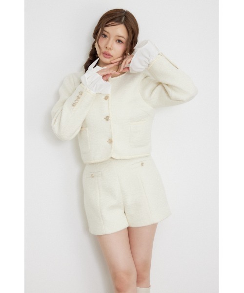 rienda(リエンダ)の「【AW先行アイテム】2WAYゴールドボタンジャケット 秋服 冬服(ノーカラージャケット・レディース・グレー/アイボリー/ベージュ・SMALL/MEDIUM)」の1枚目の写真