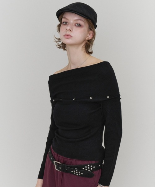 Rohwel(ローウェル)の「Off-Shoulder Eyelet Knit / オフショルダー アイレットニット(ニット/セーター・レディース・ライトグレー/チャコールグレー/ブラック・FREE)」の14枚目の写真