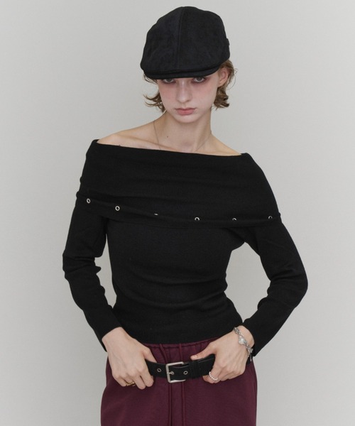 Rohwel(ローウェル)の「Off-Shoulder Eyelet Knit / オフショルダー アイレットニット(ニット/セーター・レディース・ライトグレー/チャコールグレー/ブラック・FREE)」の15枚目の写真