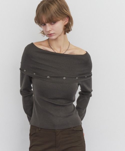 Rohwel(ローウェル)の「Off-Shoulder Eyelet Knit / オフショルダー アイレットニット(ニット/セーター・レディース・ライトグレー/チャコールグレー/ブラック・FREE)」の6枚目の写真