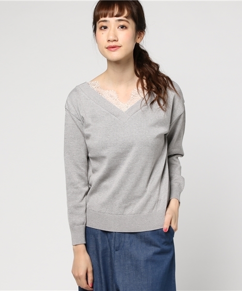 INTERPLANET（インタープラネット）の「Vネックレース見えニット（ニット/セーター・レディース・ブラック/ライトグレー/オフホワイト・FREE）」の3枚目の写真