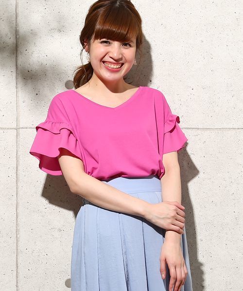 Rope Picnic ロペピクニック の さらさらuvケアトップス 袖フリルカットソー Tシャツ カットソー Wear