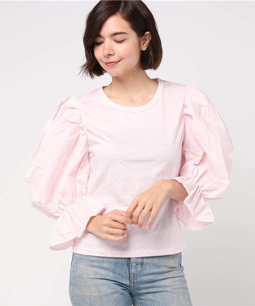 Re:EDIT（リエディ）の「[コットンが見せてくれた、ふたつの表情。]ボリュームスリーブ異素材トップストップス/シャツ・ブラウス[リエディ]（シャツ/ブラウス・レディース・ブラック/ホワイト/ピンク/イエロー・MEDIUM）」の4枚目の写真