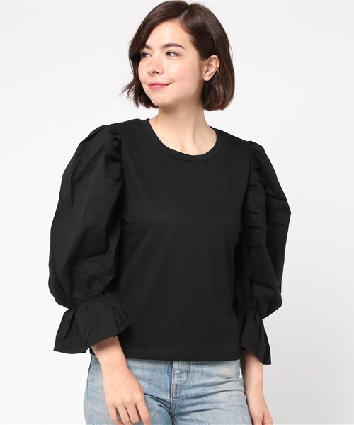 Re:EDIT（リエディ）の「[コットンが見せてくれた、ふたつの表情。]ボリュームスリーブ異素材トップストップス/シャツ・ブラウス[リエディ]（シャツ/ブラウス・レディース・ブラック/ホワイト/ピンク/イエロー・MEDIUM）」の3枚目の写真