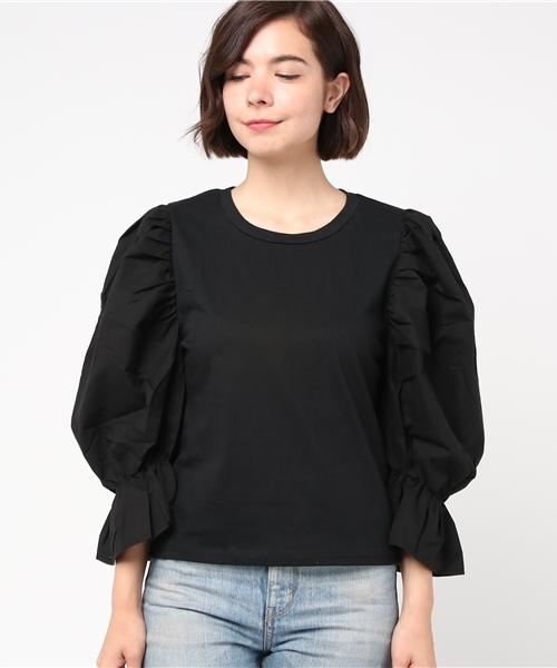 Re:EDIT（リエディ）の「[コットンが見せてくれた、ふたつの表情。]ボリュームスリーブ異素材トップストップス/シャツ・ブラウス[リエディ]（シャツ/ブラウス・レディース・ブラック/ホワイト/ピンク/イエロー・MEDIUM）」の5枚目の写真