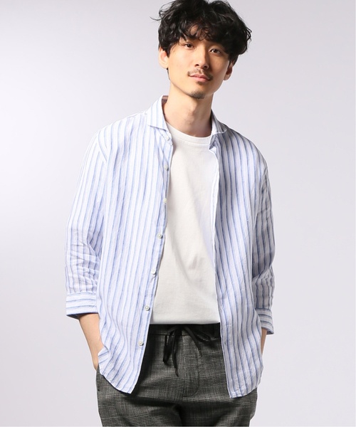 EDIFICE（エディフィス）の「リネン パターン 7分袖 カッタウェイカラー シャツ（シャツ/ブラウス・メンズ・ネイビー/ブラック/ホワイト・LARGE/X-LARGE/SMALL/MEDIUM）」の2枚目の写真