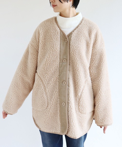 andme（アンドミー）の「コーデュロイ切替ボアノーカラーコート（ノーカラーコート・レディース・アイボリー/ライトカーキ/ベージュ/ブラック・M）」の10枚目の写真