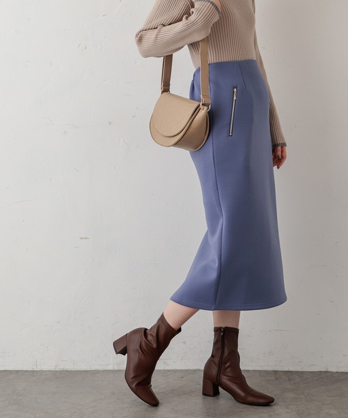 natural couture(ナチュラルクチュール)の「ダブルジップダンボールニットきれいめスカート(スカート・レディース・ブラック/ベージュ/グレイッシュベージュ/カーキ/ブルー・FREE)」の1枚目の写真