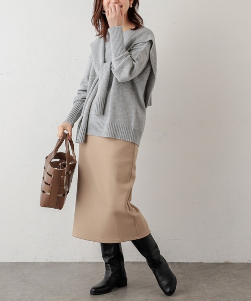 natural couture(ナチュラルクチュール)の「ダブルジップダンボールニットきれいめスカート(スカート・レディース・ブラック/ベージュ/グレイッシュベージュ/カーキ/ブルー・FREE)」の9枚目の写真