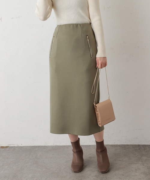 natural couture(ナチュラルクチュール)の「ダブルジップダンボールニットきれいめスカート(スカート・レディース・ブラック/ベージュ/グレイッシュベージュ/カーキ/ブルー・FREE)」の15枚目の写真