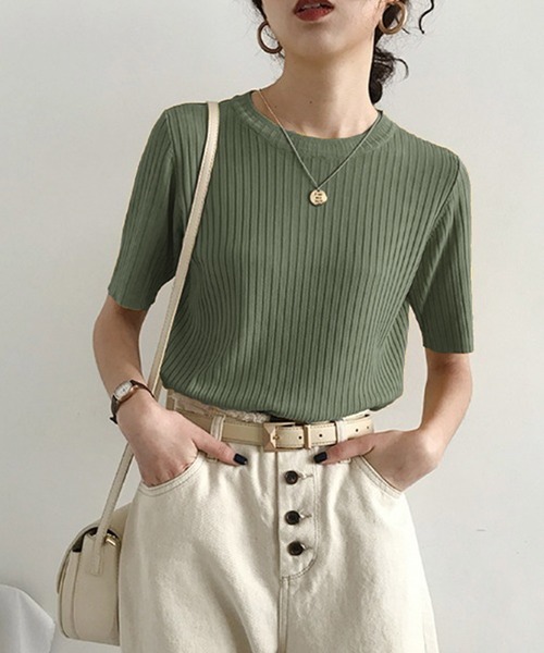 emi+（エミプラス）の「クルーネック 5分袖サマーリブニットトップス（Tシャツ/カットソー・レディース・ブラック/ホワイト/ライトグリーン/イエロー/ブルー/ライトピンク/グレー/グリーン/モカ・FREE）」の6枚目の写真