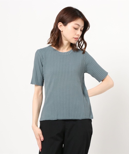 emi+（エミプラス）の「クルーネック 5分袖サマーリブニットトップス（Tシャツ/カットソー・レディース・ブラック/ホワイト/ライトグリーン/イエロー/ブルー/ライトピンク/グレー/グリーン/モカ・FREE）」の12枚目の写真