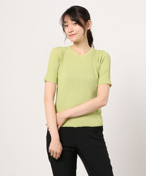 emi+（エミプラス）の「クルーネック 5分袖サマーリブニットトップス（Tシャツ/カットソー・レディース・ブラック/ホワイト/ライトグリーン/イエロー/ブルー/ライトピンク/グレー/グリーン/モカ・FREE）」の20枚目の写真