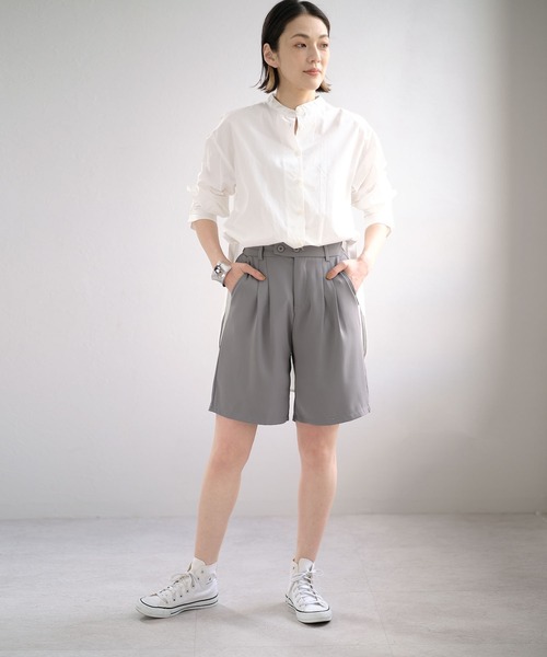 ANDJ(アンドジェイ)の「【ANDJ MADE】PEツイルダブルタックハーフパンツ(その他パンツ・レディース・ブラック/グレー・M/L)」の10枚目の写真