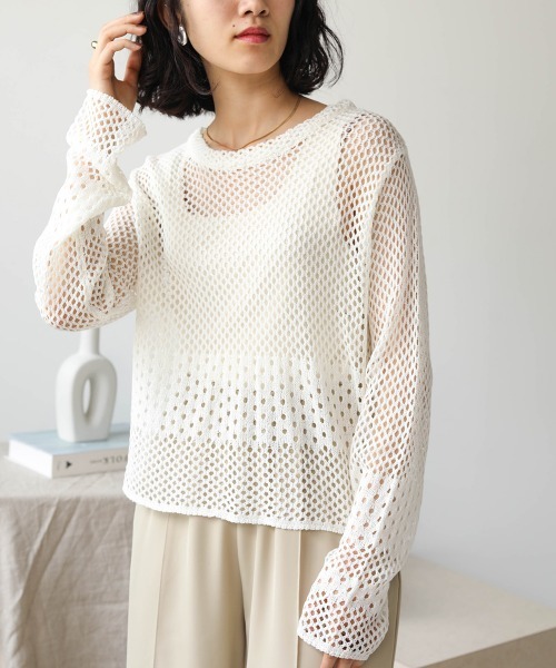 Bab(バブ)の「【WEB限定】バックレースアップ透かしニット(Tシャツ/カットソー・レディース・ブラック/オフホワイト/モカ・FREE)」の8枚目の写真