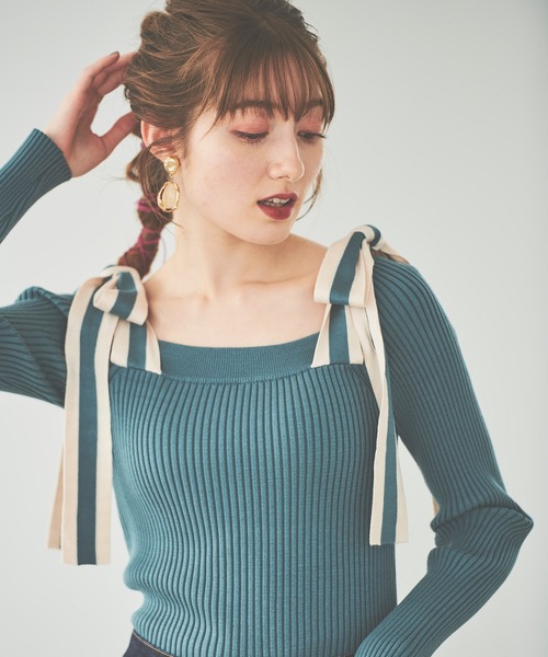 31 Sons de mode（トランテアン　ソン　ドゥ　モード）の「肩リボンニットプルオーバー（ニット/セーター・レディース・ブラック/グリーン/オフホワイト・36）」の17枚目の写真