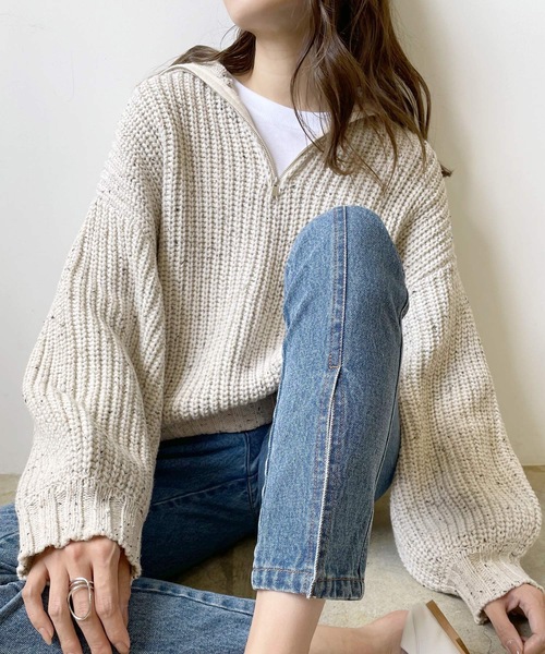 LIAN（リアン）の「ミックスカラーハーフジップニットプルオーバー（ニット/セーター・レディース・ブラック/グレー/オートミール・FREE）」の7枚目の写真