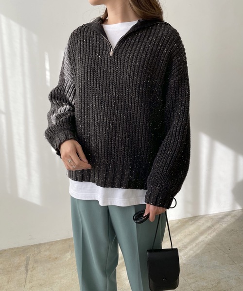 LIAN（リアン）の「ミックスカラーハーフジップニットプルオーバー（ニット/セーター・レディース・ブラック/グレー/オートミール・FREE）」の8枚目の写真