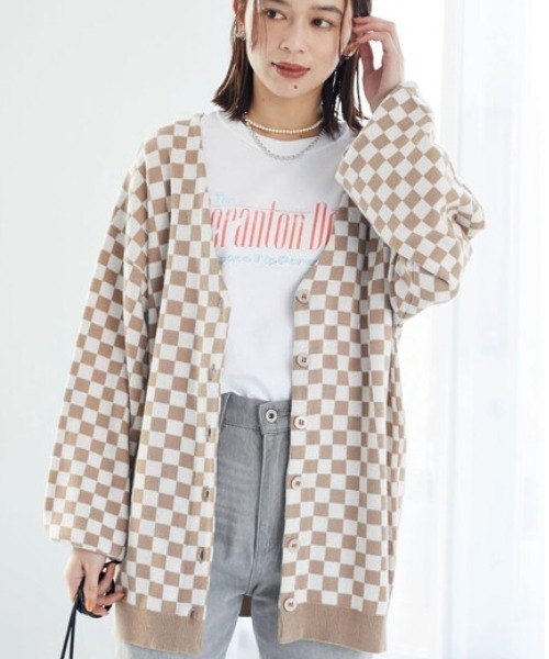 Green Parks(グリーンパークス)の「・SUGAR SPOON チェッカーガラニットカーデ(カーディガン/ボレロ・レディース・ベージュ/オフホワイト/イエロー・FREE)」の1枚目の写真