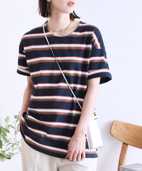 reca（レカ）の「マルチボーダーTシャツ（Tシャツ/カットソー・レディース・グレイッシュベージュ/オフホワイト/ネイビー・FREE）」の3枚目の写真