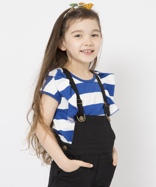 X-girl Stages（エックスガールステージス）の「【VERY(ベリー)5月号掲載商品】STRIPED FRILL TOP(4T～7T)（Tシャツ/カットソー・キッズ・アッシュ/レッド/ブルー・5T/4T/7T/6T）」の2枚目の写真