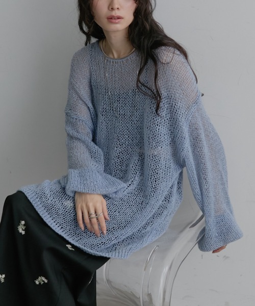 Aunt Marie's（アントマリーズ）の「【ロングセラー/新色追加！】シアーメッシュルーズニット（ニット/セーター・レディース・ブラック/ベージュ/グリーン/ブラウン/ピンク/ミント/アイボリー/ライトグレー/ライトブルー/モカ/ブルー/グレー系その他/イエロー/オレンジ/サックスブルー/ライトピンク/ネイビー・FREE）」の21枚目の写真