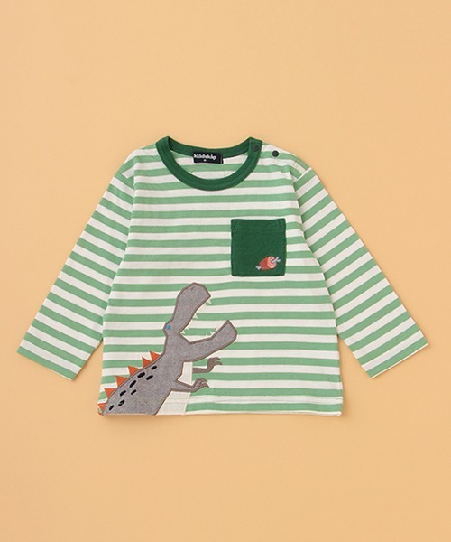 kladskap(クレードスコープ)の「恐竜アップリケボーダー長袖Tシャツ(Tシャツ/カットソー・キッズ・アイボリー/グリーン・80cm/90cm/100cm/120cm/110cm)」の1枚目の写真