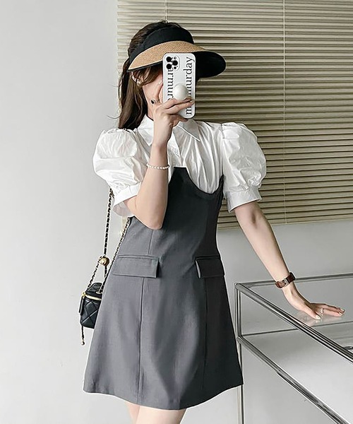 Girly Doll(ガーリードール)の「フェイクツーピースパフスリワンピース(ワンピース・レディース・ブラック/グレー・F)」の14枚目の写真