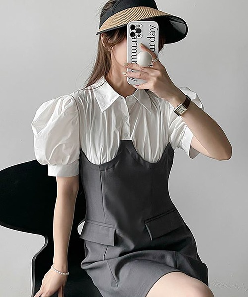Girly Doll(ガーリードール)の「フェイクツーピースパフスリワンピース(ワンピース・レディース・ブラック/グレー・F)」の19枚目の写真