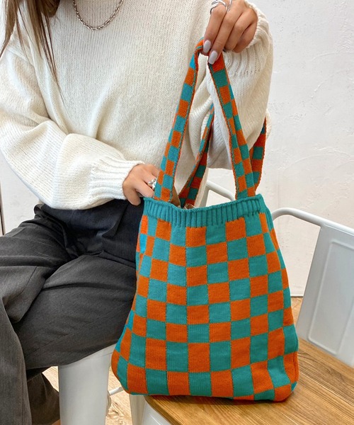 apres jour mignon（アプレジュールミニョン）の「【apresjour mignon×ARIAZ】チェッカーニットトート（トートバッグ・レディース・ブラック/ネイビー/その他・ONESIZE）」の3枚目の写真