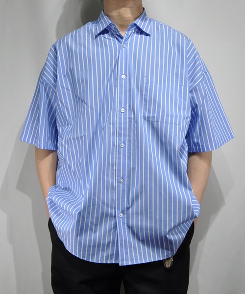 おしゃれスタ（オシャレスタ）の「ブロードビッグレギュラーカラー半袖シャツ【IR】（シャツ/ブラウス・メンズ・ブルー系その他/イエロー系その他/ホワイト系その他/サックスブルー/ブラック系その他/パープル系その他/グリーン/グレイッシュベージュ/ブラック/グリーン系その他/ホワイト・M/L/XL）」の21枚目の写真