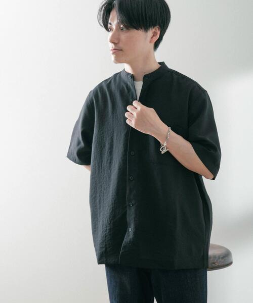 ITEMS URBANRESEARCH（アイテムズ アーバンリサーチ）の「『UR TECH DRYLUXE』リネンタッチバンドカラー半袖シャツ（シャツ/ブラウス・メンズ・ブラック/グレー系その他/ブルー・LARGE/MEDIUM）」の13枚目の写真