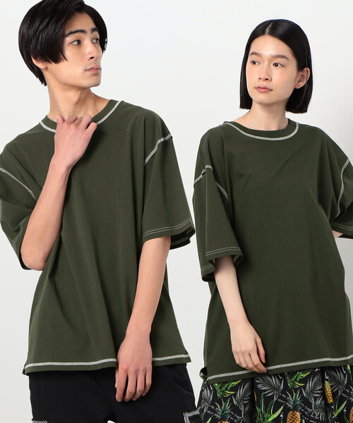 Purple&Yellow(パープルアンドイエロー)の「配色ステッチ ワイド半袖Tシャツ(Tシャツ/カットソー・メンズ・ホワイト/ブラック/カーキ/オレンジ・SMALL/MEDIUM/LARGE)」の3枚目の写真