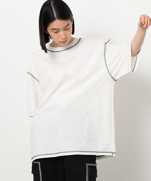 Purple&Yellow(パープルアンドイエロー)の「配色ステッチ ワイド半袖Tシャツ(Tシャツ/カットソー・メンズ・ホワイト/ブラック/カーキ/オレンジ・SMALL/MEDIUM/LARGE)」の10枚目の写真