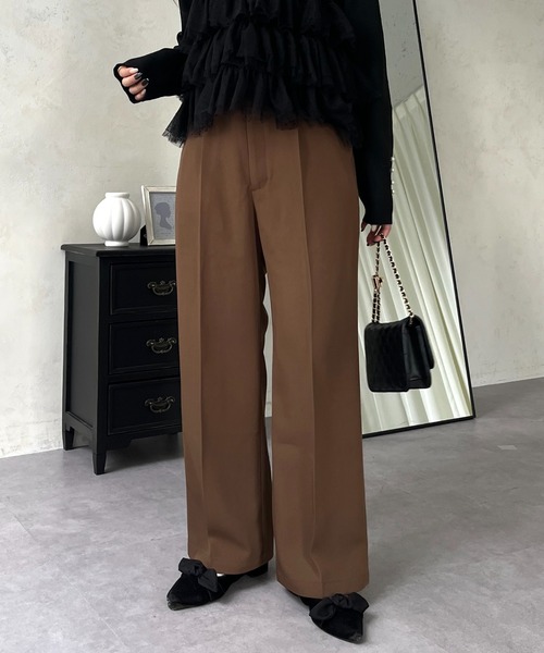 センタープレス調整可能パンツ チョコレートブラウン ハイウエストセンタープレスタックパンツ（スラックス）｜prose verse