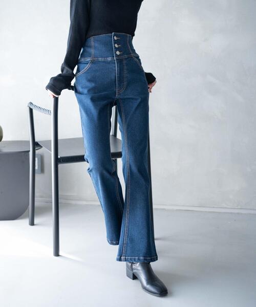 WEGO(ウィゴー)の「WEGO/ハイウエストストレッチデニムフレアパンツ(デニムパンツ・レディース・ブラック/ダークインディゴブルー・X-SMALL/SMALL/MEDIUM)」の10枚目の写真