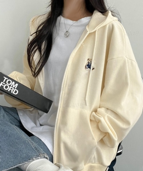 Dalfwin(ダールフィン)の「韓国ファッション BEARワンポイント刺繍オーバーサイズパーカー/フーディー 選べる2タイプ(パーカー・レディース・ネイビー/クリーム/グレー/グレー系1/ネイビー系1/ブラック系1/ブラック・FREE)」の11枚目の写真