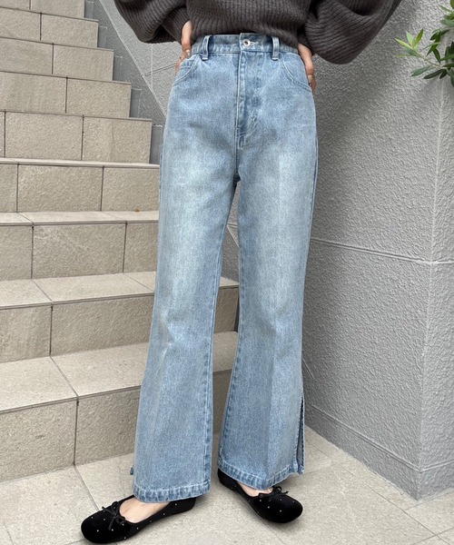 one after another NICE CLAUP（ワンアフターアナザーナイスクラップ）の「【S,Mサイズ】サイドスリットカラーフレアデニム（デニムパンツ・レディース・ピンク/ブルー/グレー/イエロー・SMALL/MEDIUM）」の3枚目の写真