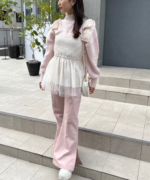 one after another NICE CLAUP（ワンアフターアナザーナイスクラップ）の「【S,Mサイズ】サイドスリットカラーフレアデニム（デニムパンツ・レディース・ピンク/ブルー/グレー/イエロー・SMALL/MEDIUM）」の13枚目の写真