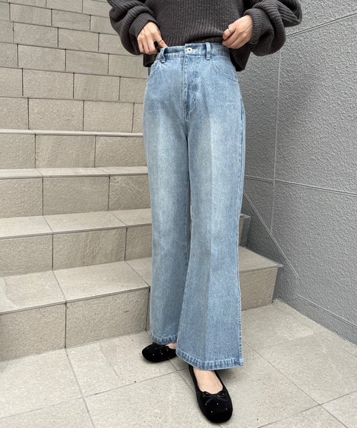 one after another NICE CLAUP（ワンアフターアナザーナイスクラップ）の「【S,Mサイズ】サイドスリットカラーフレアデニム（デニムパンツ・レディース・ピンク/ブルー/グレー/イエロー・SMALL/MEDIUM）」の5枚目の写真