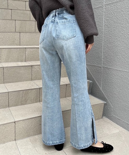 one after another NICE CLAUP（ワンアフターアナザーナイスクラップ）の「【S,Mサイズ】サイドスリットカラーフレアデニム（デニムパンツ・レディース・ピンク/ブルー/グレー/イエロー・SMALL/MEDIUM）」の7枚目の写真
