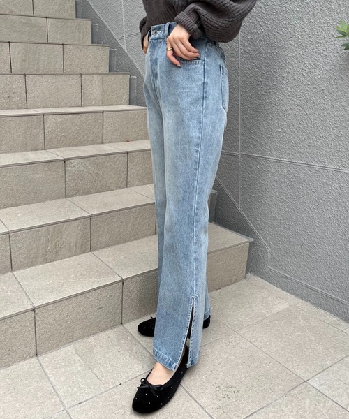 one after another NICE CLAUP（ワンアフターアナザーナイスクラップ）の「【S,Mサイズ】サイドスリットカラーフレアデニム（デニムパンツ・レディース・ピンク/ブルー/グレー/イエロー・SMALL/MEDIUM）」の6枚目の写真