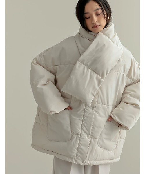 セール】[2点セット]マイクロタフタマフラー付きノーカラー中綿