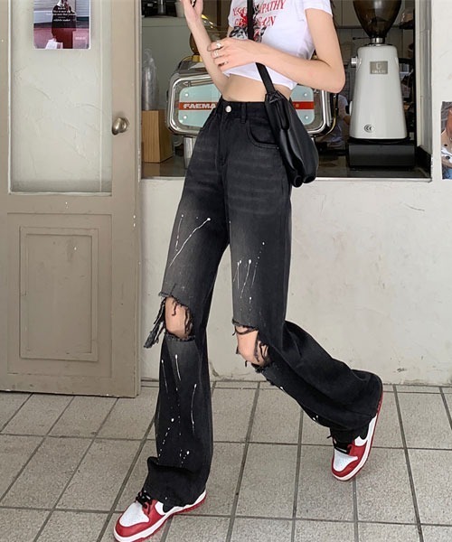 Mayree(メイリー)の「【Mayree】ダメージ ペイント ハイウエスト ストレート ワイドデニムパンツ(デニムパンツ・レディース・ブラック/ブルー・SMALL/MEDIUM/LARGE/X-LARGE)」の6枚目の写真