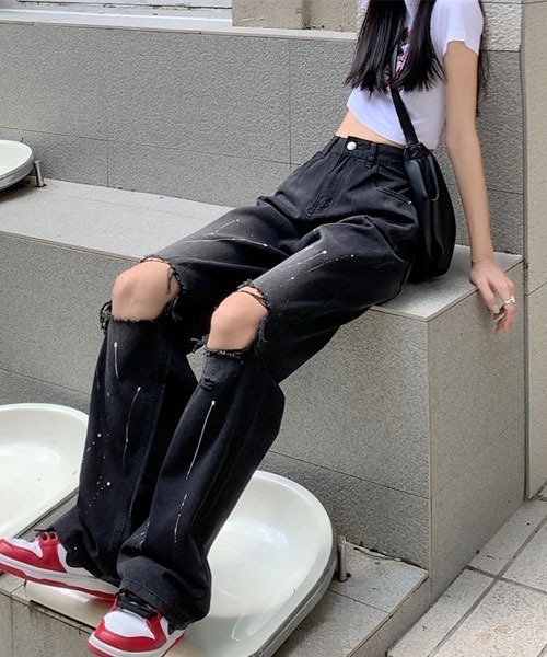 Mayree(メイリー)の「【Mayree】ダメージ ペイント ハイウエスト ストレート ワイドデニムパンツ(デニムパンツ・レディース・ブラック/ブルー・SMALL/MEDIUM/LARGE/X-LARGE)」の11枚目の写真