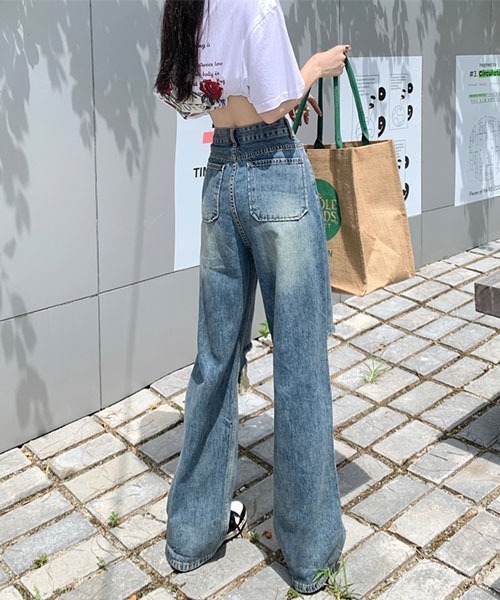 Mayree(メイリー)の「【Mayree】ダメージ ペイント ハイウエスト ストレート ワイドデニムパンツ(デニムパンツ・レディース・ブラック/ブルー・SMALL/MEDIUM/LARGE/X-LARGE)」の5枚目の写真