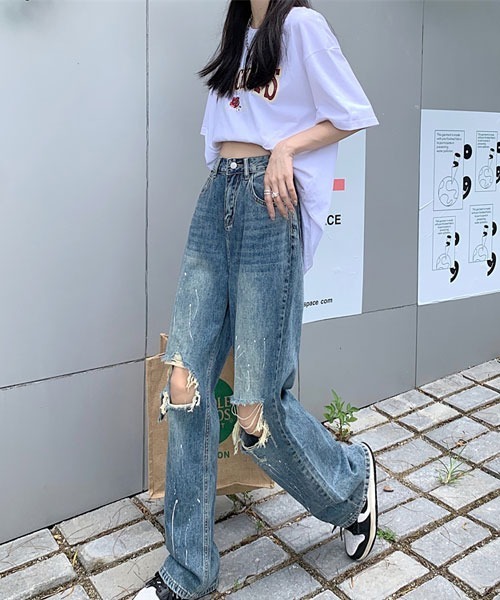 Mayree(メイリー)の「【Mayree】ダメージ ペイント ハイウエスト ストレート ワイドデニムパンツ(デニムパンツ・レディース・ブラック/ブルー・SMALL/MEDIUM/LARGE/X-LARGE)」の10枚目の写真